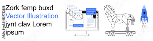 Cybersecurity, hacking, data protection, malware, digital communication, phishing alerts. Computer screen with emails, Trojan horse and rocket. Cybersecurity and hacking concept with digital icons