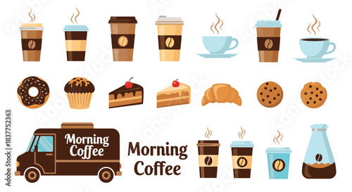 A large and detailed collection of coffee shop icons including coffee cups, pastries, a coffee truck, and brewing equipment.