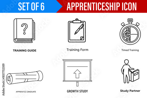 Set of six apprenticeship icons depicting training guide form timed training graduate growth and study partner