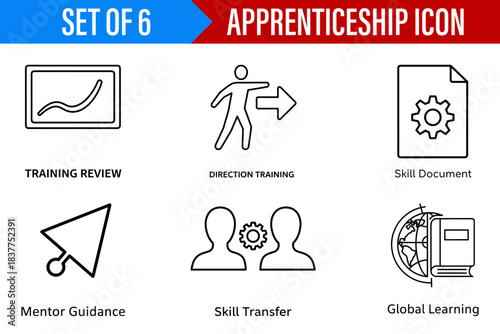 Set of six apprenticeship icons depicting training review direction skill mentor global learning and transfer