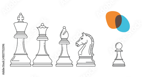 A minimalist black line art illustration of a set of chess pieces including the king, queen, bishop, knight, and pawn.