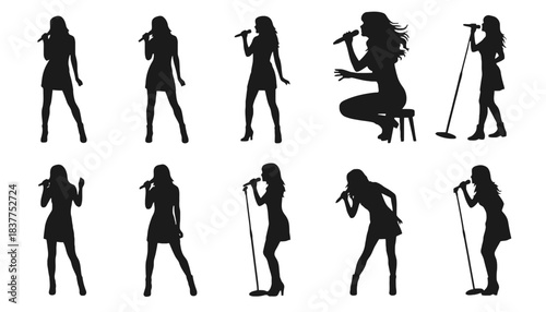 Silhouettes of women singing into microphones in various poses.