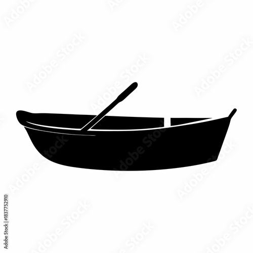 Rowboat Silhouette Icon Isolated- Black rowboat silhouette with paddle, isolated on white background, representing water transport, boating, fishing, travel, and minimal nautical design