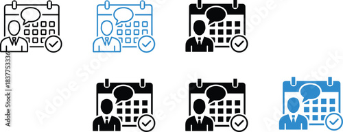 Business communication meeting calendar icons set showing speech bubbles, schedule approval, professional planning, teamwork coordination, event management reminders in outline