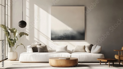 Minimalist living room interior design featuring abstract art and natural light creating a serene atmosphere