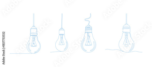 A hanging incandescent light bulb is illustrated with a single line; the vector representation of the light bulb, also depicted with one line, symbolizes illumination, warmth, and innovative thoughts.