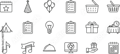 Event and celebration line icon set featuring party elements, gifts, music, food service, planning checklists, calendars, ideas, decorations, and festive symbols for invitations and event management