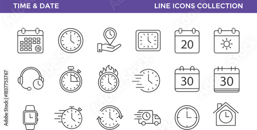 Time and date line icon collection featuring clocks, calendars, timers, fast delivery, schedule management, smartwatch, reminders, and tracking symbols for modern productivity design