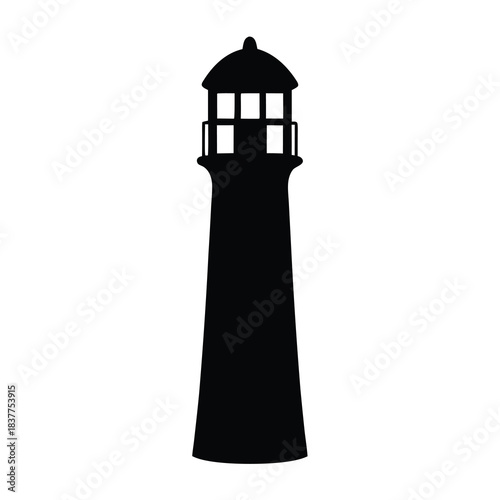 Black and white lighthouse on rocks standing tall against a white background