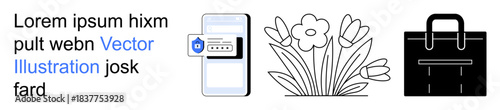 Cybersecurity, business tools, nature design, privacy protection, professional work, online safety. A smartphone with a security shield, flowers and a black briefcase. Cybersecurity and business