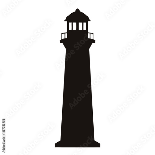 Black and white lighthouse on rocks standing tall against a white background