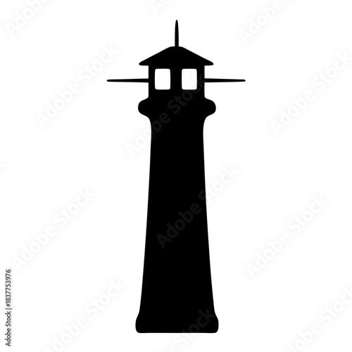 Black and white lighthouse on rocks standing tall against a white background