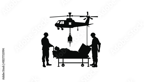 Military helicopter evacuates injured soldier on a stretcher with medical personnel.