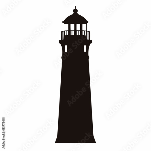 Silhouette of a classic lighthouse structure with architectural details on white background