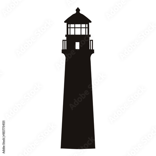 Silhouette of a tall majestic lighthouse beacon against white background perfect for design