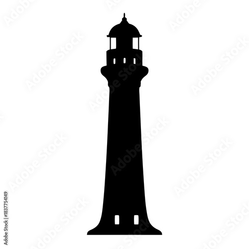 Black and white lighthouse on rocks standing tall against a white background