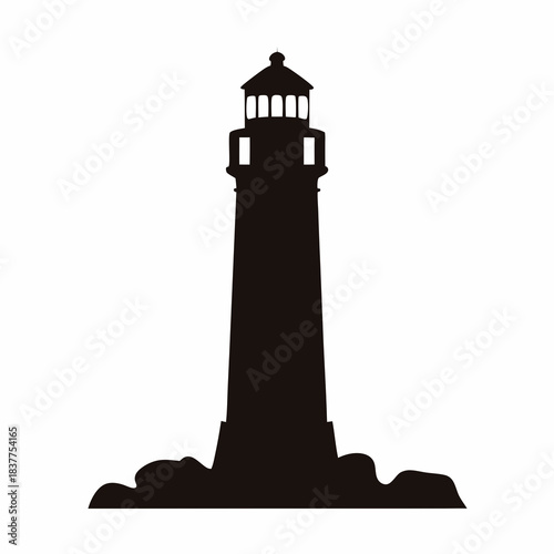 Black and white lighthouse on rocks standing tall against a white background