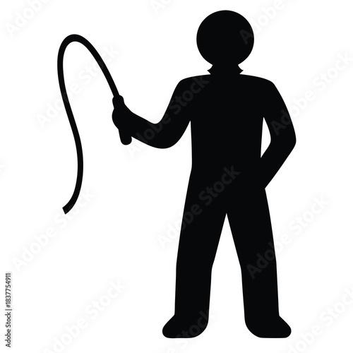 Silhouette of a man standing and holding a whip, against white background