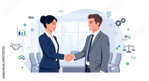 A professional illustration showing a man and a woman in suits shaking hands in an office setting, surrounded by abstract business symbols.