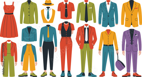 Fashion Illustration Outfits Including Suits, Dresses, Pants, Shirts, and Accessories on White