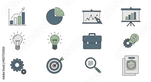 Twelve minimalist icons representing business growth, data analytics, creative ideas, and corporate tools in soft blue and green tones.