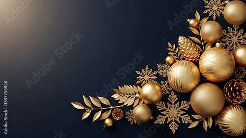 Elegant golden christmas ornaments and snowflakes on dark background