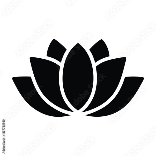 Monochrome lotus flower icon representing spirituality, purity and enlightenment for use in design
