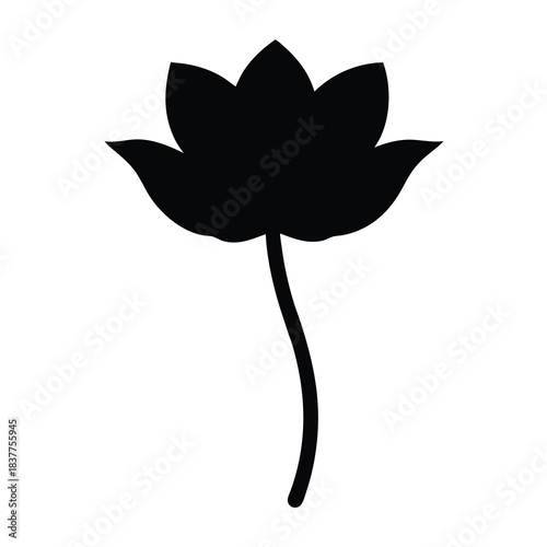 Simple black silhouette of a lotus flower with stem on white background