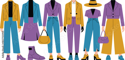 Colorful Outfits Stylish Flat Illustration of Clothing Sets with Pants, Jackets, and Accessories