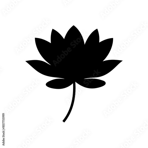 Simple Black Lotus Flower with Stem on a Clean White Background