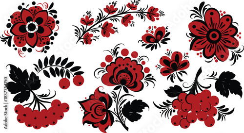 Traditional ukrainian petrykivka painting style floral and berry decorative elements set. folk art vector motifs for design, patterns, backgrounds.