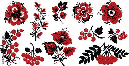 Traditional slavic folk art red and black floral and berry elements collection set. decorative ornamental vector graphic design assets for textiles, patterns, and crafts.