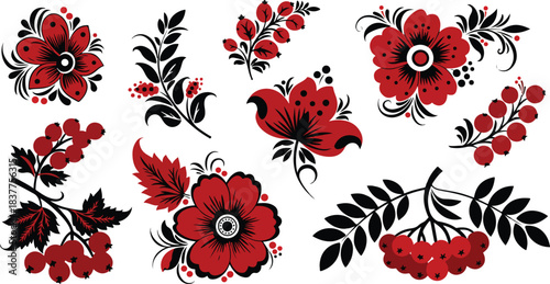 Collection of traditional folk art floral and berry patterns in vibrant red and black, inspired by slavic decorative motifs, excellent for design elements.