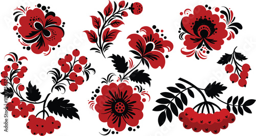 Ukrainian khokhloma style floral and berry decorative elements set. traditional russian folk art painting pattern. red flowers, leaves, and berries on white.