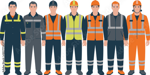 Diverse Group of Workers Wearing Uniforms and Safety Gear Construction, Emergency Services, and Tradesmen