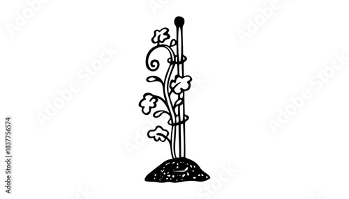 A decorative metal plant support with flowers and leaves.