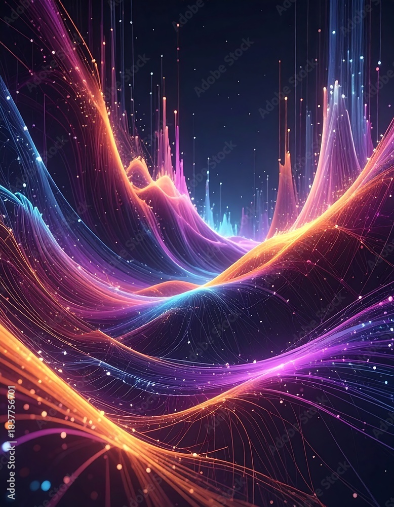 Obraz premium Abstract Data Stream Visualization with Vibrant Colors and Particles.