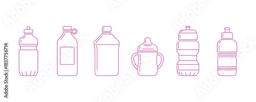 Range of water bottle line shapes, illustrated with a thin line design vector illustration, isolated

