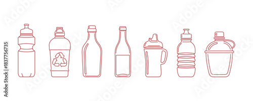 Assortment of water bottle line shapes, depicted with a thin line design vector illustration, isolated
