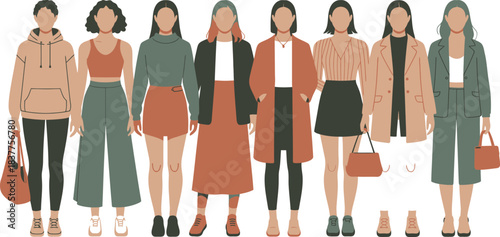 Faceless Fashion Illustration Diverse Women in Trendy Outfits, Coats, Skirts, Pants, and Accessories