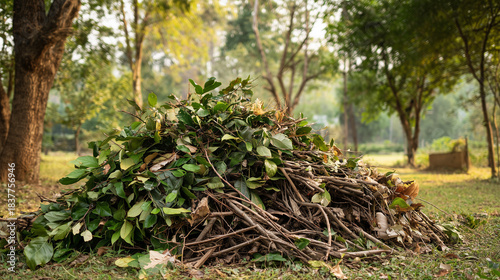 Pile of garden waste with green leaves, branches, and dry plant material. Natural organic debris representing gardening, yard cleanup, composting, and sustainable outdoor maintenance.