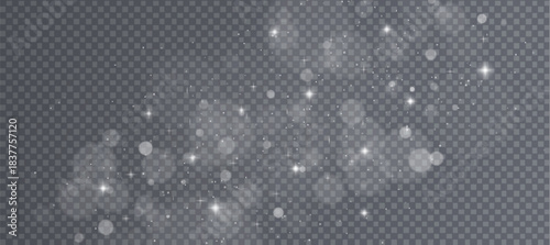 White bokeh light particles isolated on transparent background. Vector realistic illustration of glitter trail with shimmering magic fairy dust, sparkling snow effect, holiday confetti twinkle