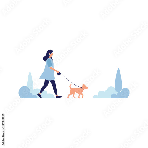 Black silhouette vector illustration of people walking with their dogs and puppies in a park