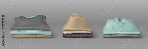 Folded cloth garments stack in realistic style, clean shirt, roll-neck piles with textured fabric, laundry collection. Vector illustration of organized wardrobe elements for household, clothing design