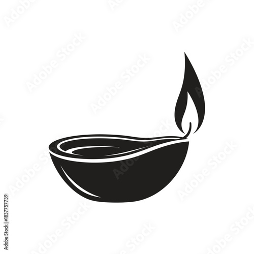 A simple black and white illustration depicts a traditional oil lamp commonly known as a diya with a bright flame symbolizing light and hope