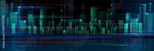Futuristic abstract tech cityscape background with glowing neon skyscrapers and digital network lines. urban bg with luminous green and red data beams and smart buildings in cyberpunk landscape.
