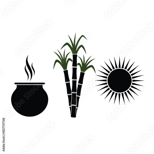 a simple black and white graphic depicts a pot with rising steam bamboo stalks and a radiant sun symbol suggesting warmth and natural elements