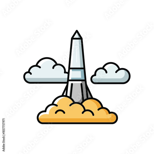 a colorful illustration depicts a rocket ship ascending through fluffy white clouds with bright orange flames propelling it upwards symbolizing space exploration and flight