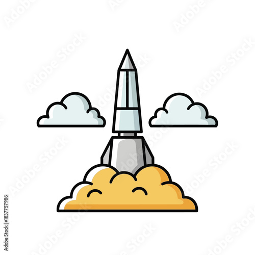 a colorful cartoon illustration depicts a rocket ship ascending through fluffy white clouds leaving a trail of vibrant orange and yellow flames behind it