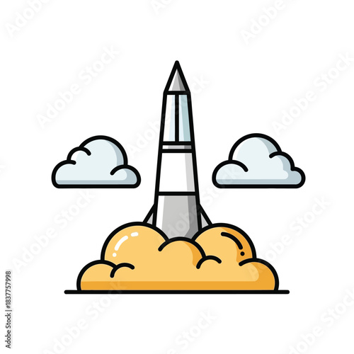 A colorful illustration depicts a rocket launching upwards through fluffy white clouds surrounded by vibrant orange flames showcasing space exploration and adventure high quality